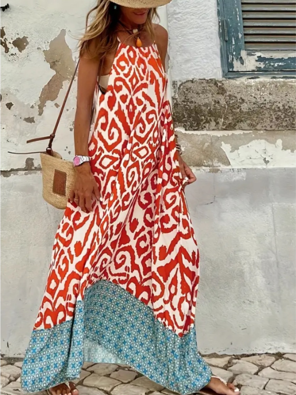 Boho Summer Maxi Dress - red white and Blue XL